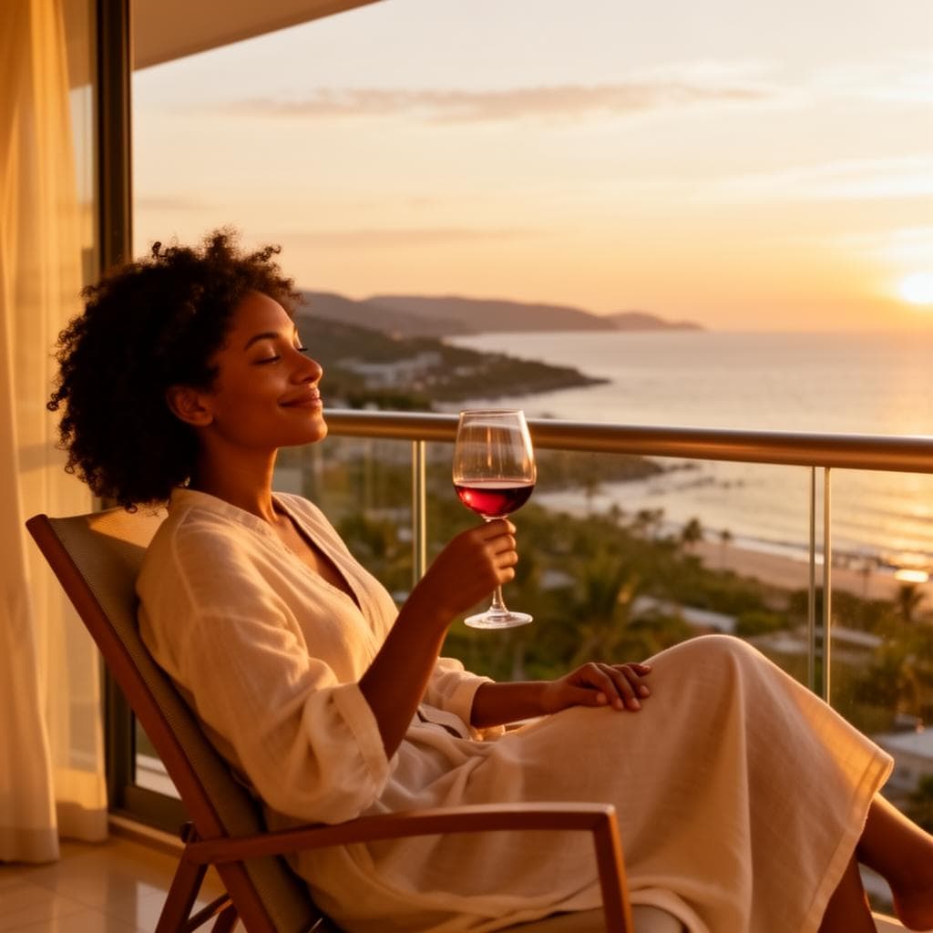Mum relaxing with a drink and a sea view